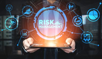 Risk Management and Assessment for Business Investment Concept. Modern graphic interface showing symbols of strategy in risky plan analysis to control unpredictable loss and build financial safety.